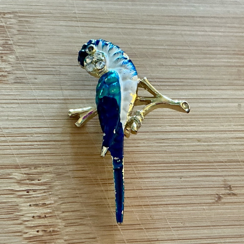 Vintage Parrot Brooch Bird On Branch Blue Enamel Gold Tone Rhinestone Eye Pin